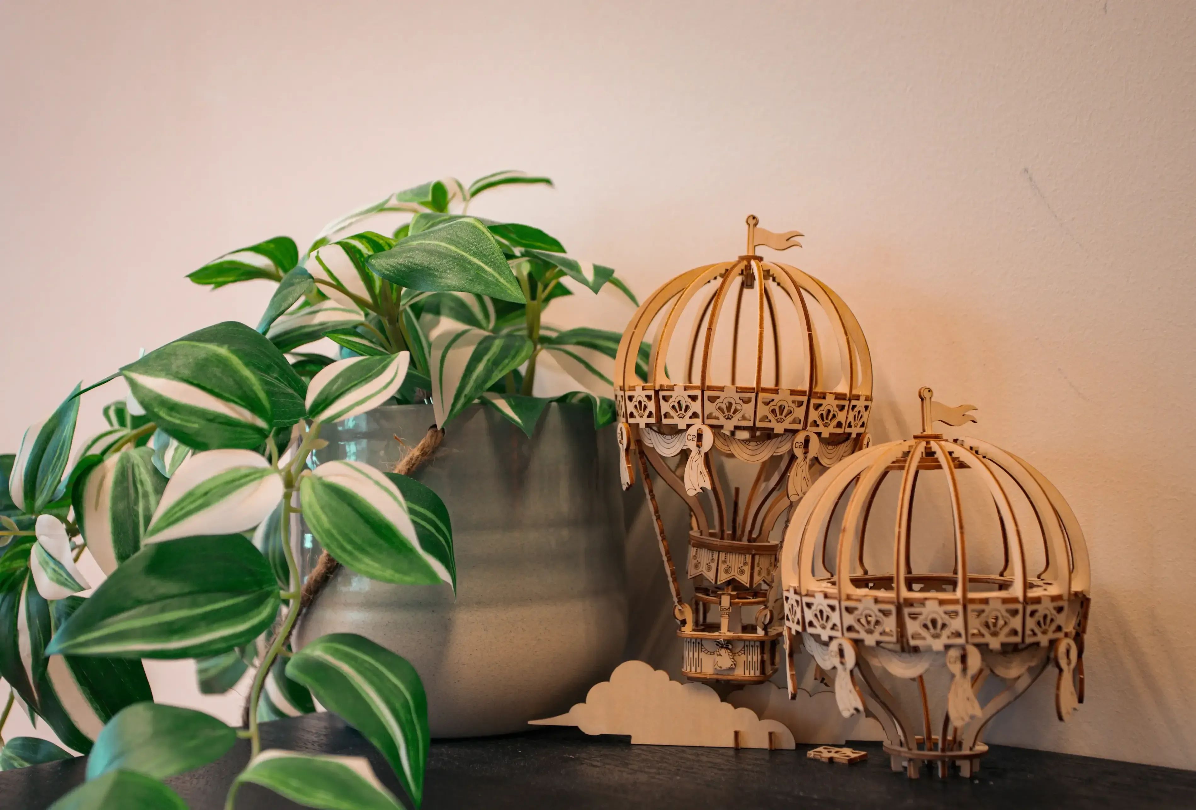Een potplant met bonte bladeren staat naast twee decoratieve houten heteluchtballonnen.